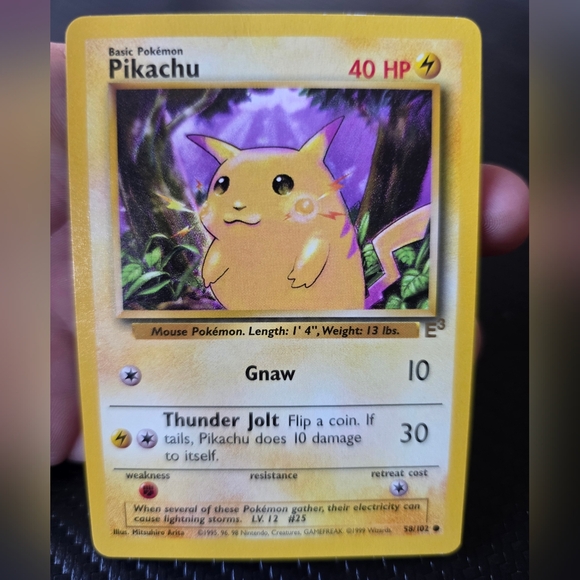 pokemon card pikachu yellow cheeks Base Set Unlimited 58/102 PSA 9  TBC Games Pikachu does 10 damage to self. Pikachu Rare Yellow Cheeks Pokmon